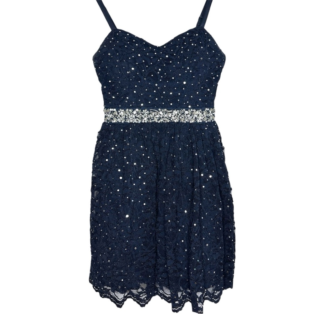 B. Smart Navy Lace Rhinestone Embellished Cocktail Dress Y2K Size 3 Juniors